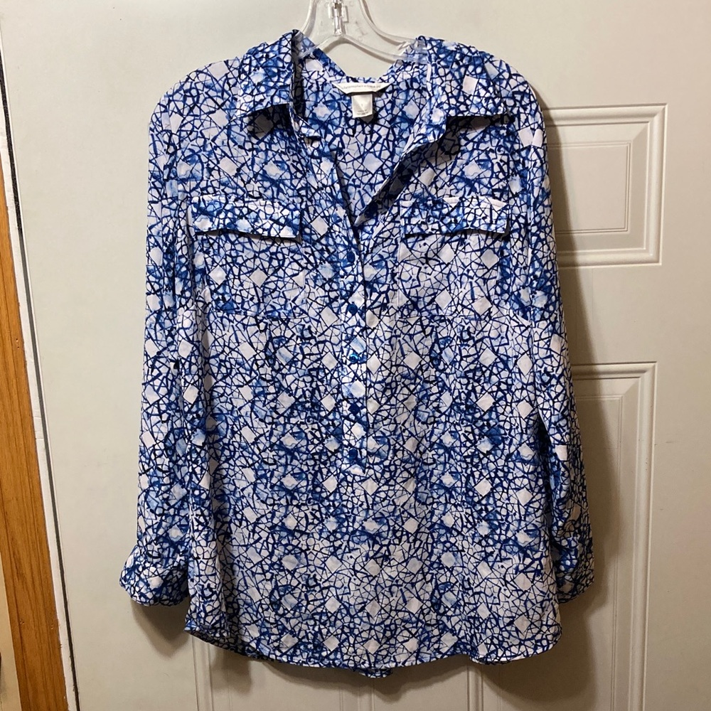 Christopher & Banks Blue and White Women's Top S